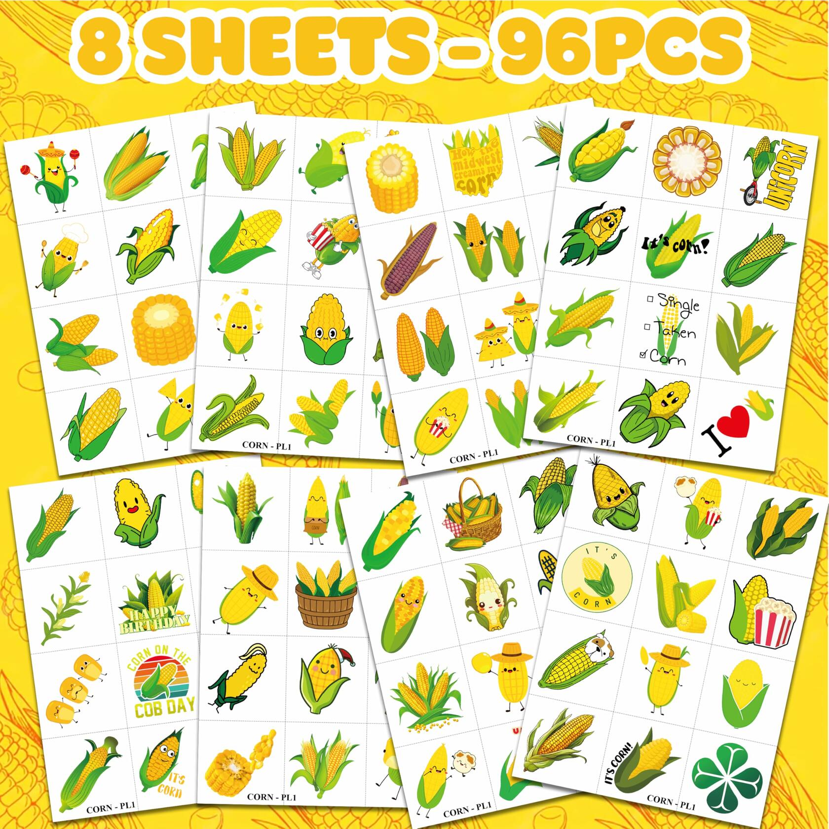 96pcs Corn on the Cob Temporary Tattoos Party Favors Kids Classroom Prizes